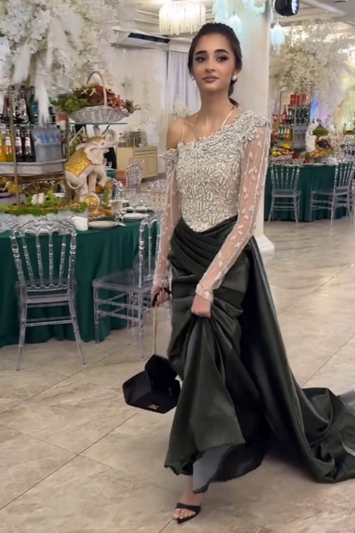 Asymmetric Ruched Satin Sheath Prom Dress Long Sleeves Beadings Party Dress-newarrivaldress