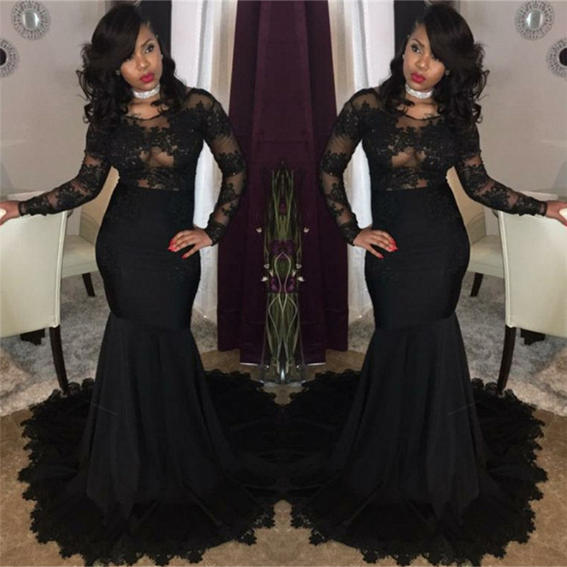 Long Black Lace Tulle Prom Dresses | Mermaid Long Sleeve Formal Gowns FB0277-newarrivaldress