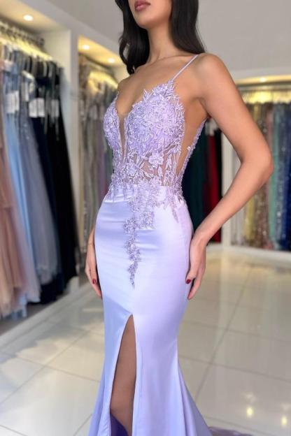 Charming Lilac Spaghetti Straps Satin Mermaid Prom Dress Lace Appliques Side Slit Dress-newarrivaldress