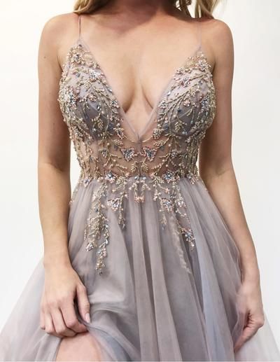 Stunning Spaghetti Straps Beadings Long Evening Dress Tulle V-Neck Side Split Prom Dress-newarrivaldress