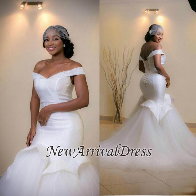 Beautiful Lace-up Sweep Train Sexy Off The Shoulder Tulle Glamorous Beads Mermaid Wedding Dresses-newarrivaldress