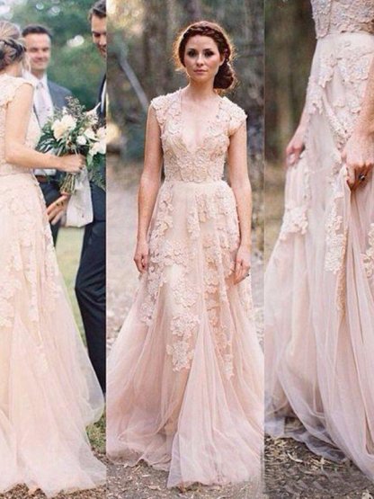 Tulle A-Line Sweep Train Bridal Gowns with Appliques | Sexy Sleeveless V-neck Wedding Dresses