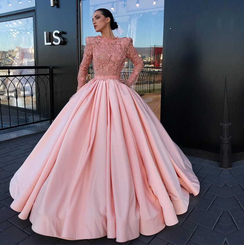 Long Sleeve Ball Gown Pink Prom Dress | Appliques Pink Evening Gowns-newarrivaldress