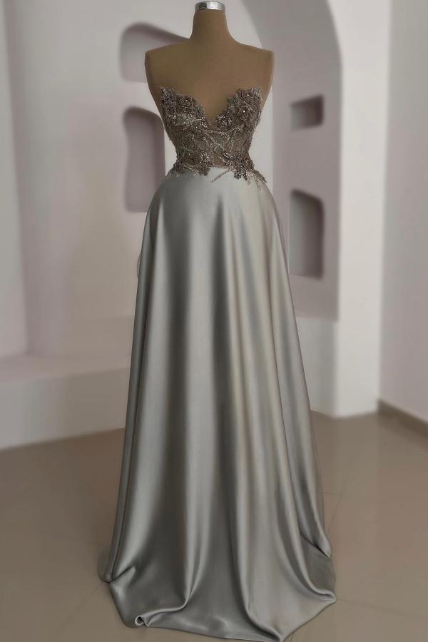 Stunning Sweetheart Silver A-line Evening Dress Sleeveless Satin Flowers Floor Length Formal Dress-newarrivaldress