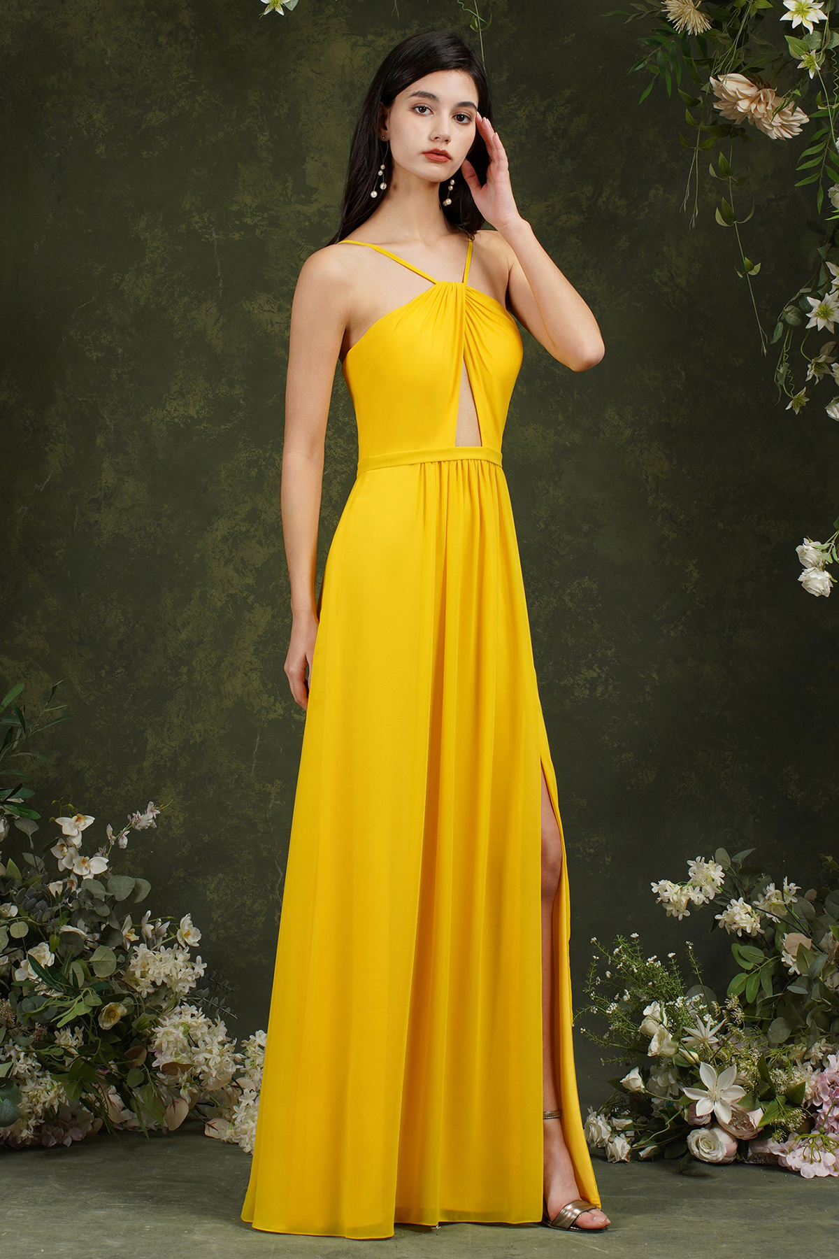 Halter Long Bridesmaid Dress Chiffon Sleeveless Side Split Wedding Party Dress-newarrivaldress