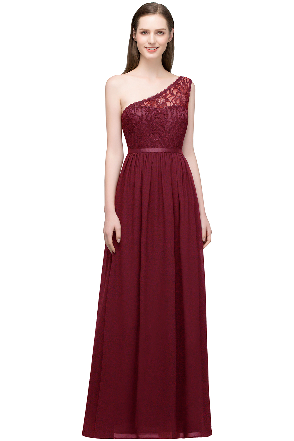 SYBIL | A-line One-shoulder Floor Length Lace Chiffon Bridesmaid Dresses with Sash-newarrivaldress