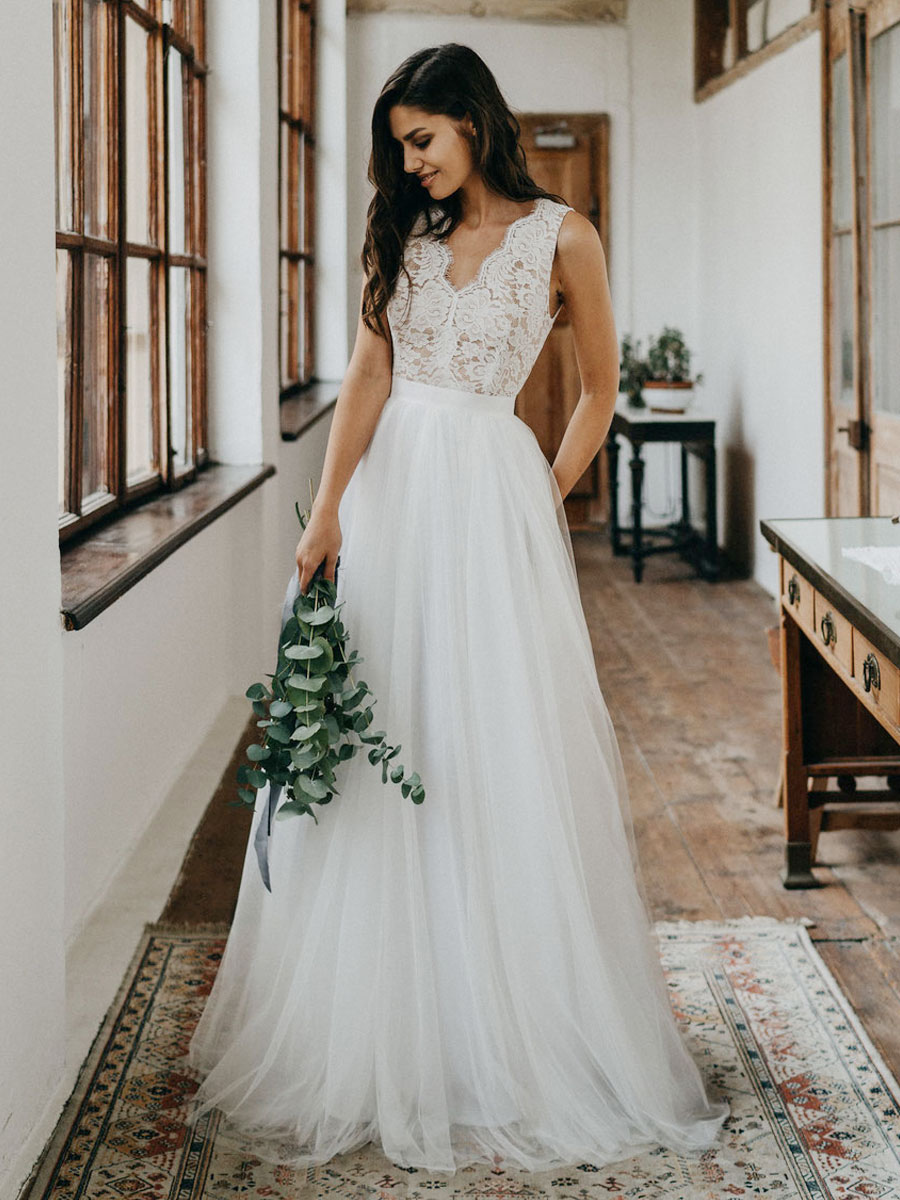 Simple Wedding Dress Tulle A Line V Neck Sleeveless Lace Floor Length Bridal Dresses-newarrivaldress