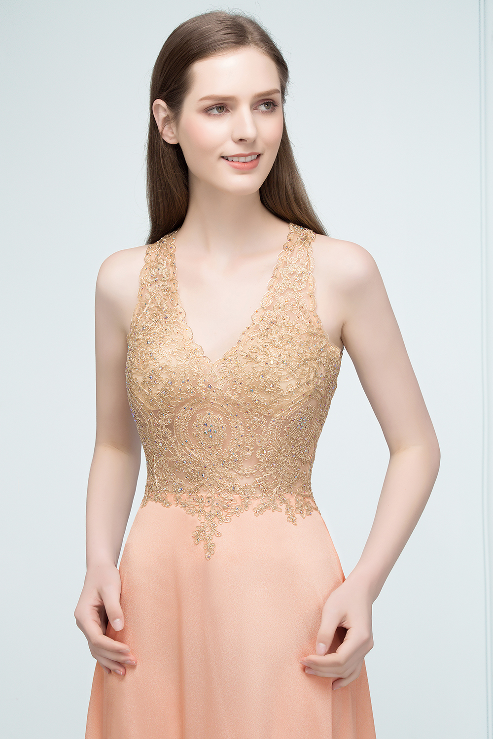 JULIETA | A-line Floor Length V-neck Sleeveless Appliques Chiffon Prom Dresses-newarrivaldress