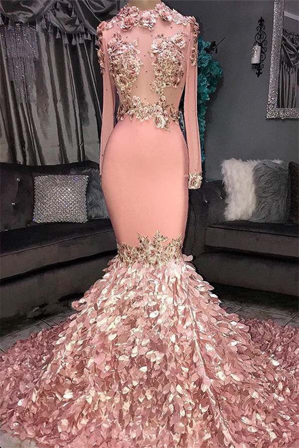 Glamorous Round Neck Flowers Long Sleeve Sequins Mermaid Long Prom Dresses-newarrivaldress