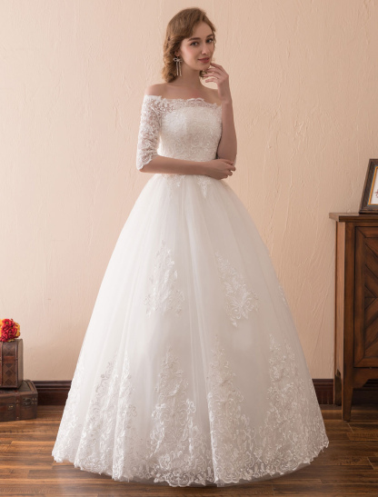 Wedding Dresses Princess Lace Off The Shoulder Bridal Gown Half Sleeve Floor Length Bridal Dress-newarrivaldress