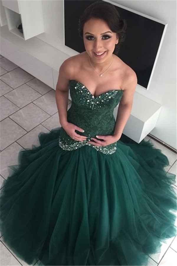 Strapless Sexy Mermaid Applique Tulle Sweep Train Sequins Prom Dresses-newarrivaldress