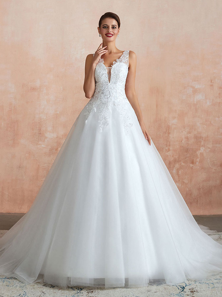 Wedding Dress 2021 V Neck Princess Sleeveless Floor Length Tulle Bridal Gown With Train-newarrivaldress