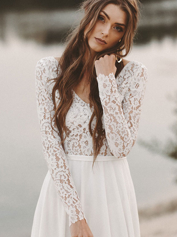 Simple Wedding Dress A Line V Neck Long Sleeve Floor Length Chiffon Lace Beach Wedding Dresses-newarrivaldress