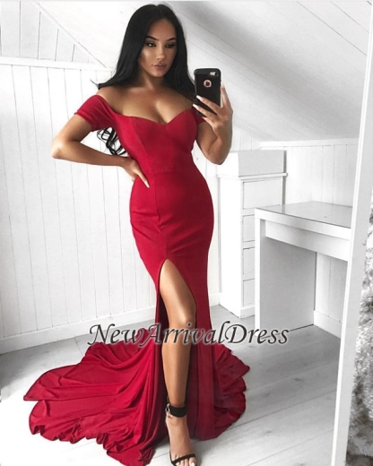 Mermaid Split Off-the-Shoulder Sexy Long Prom Dress-newarrivaldress