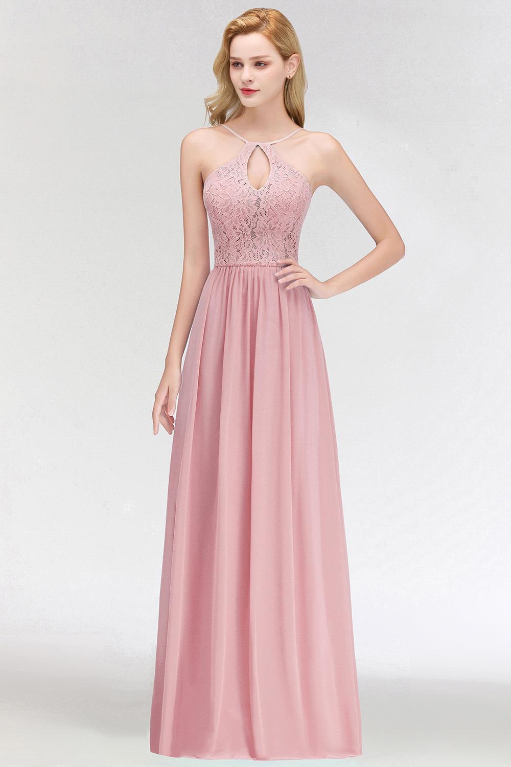 Keyhole Lace Chiffon Floor-Length Halter Long Bridesmaid Dress-newarrivaldress