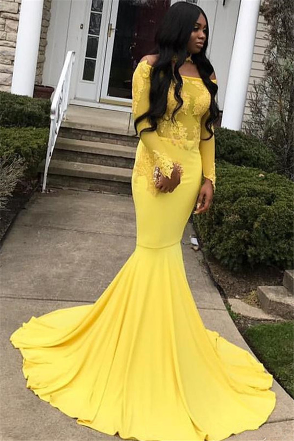 Glamorous Off-the-Shoulder Long Sleeves Lace Appliques Sexy Mermaid Floor-Length Prom Dresses-newarrivaldress