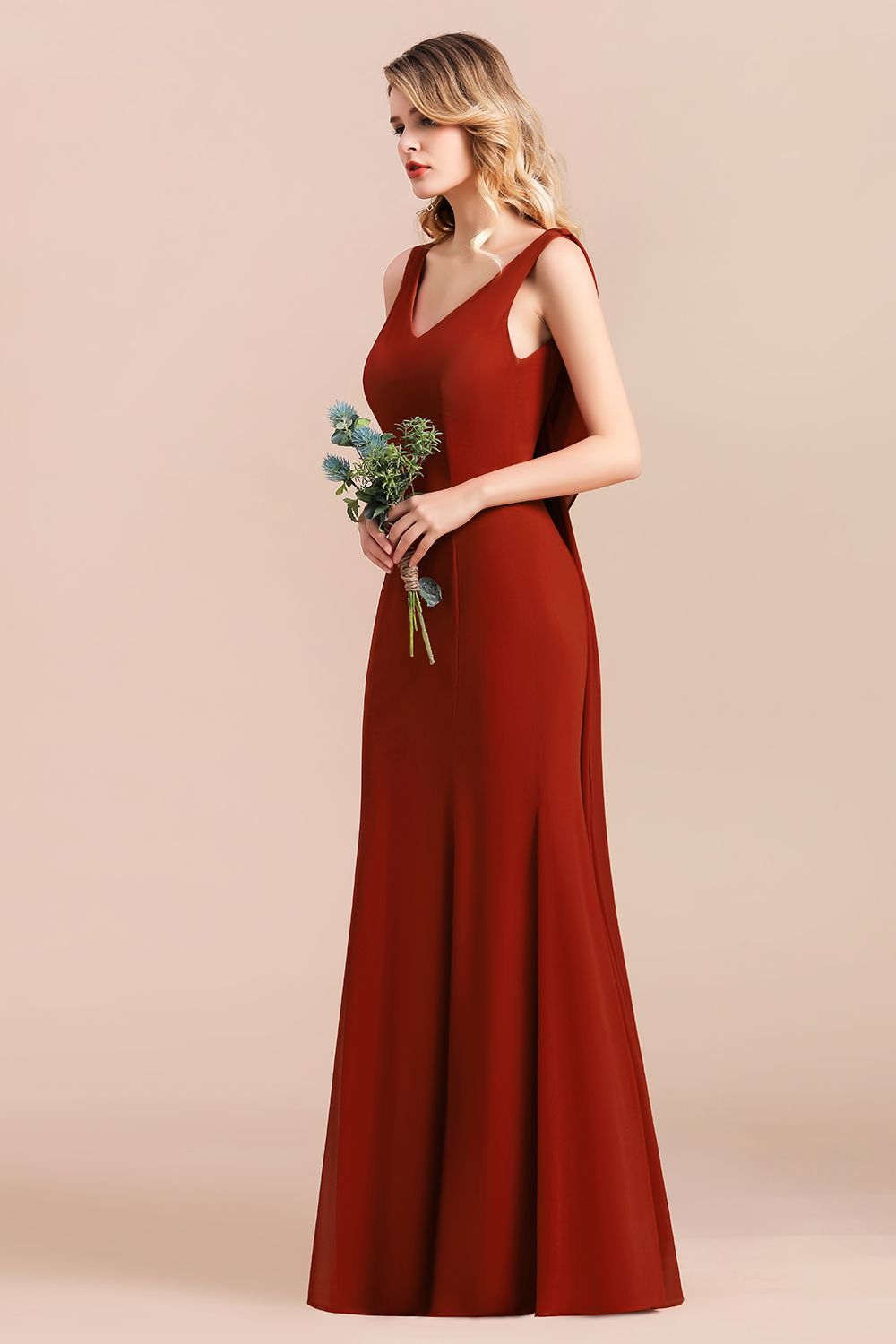Elegant Cabernet Bridesmaid Dress Sleeveless V-Neck Long Mermaid Wedding Guest Dress-newarrivaldress