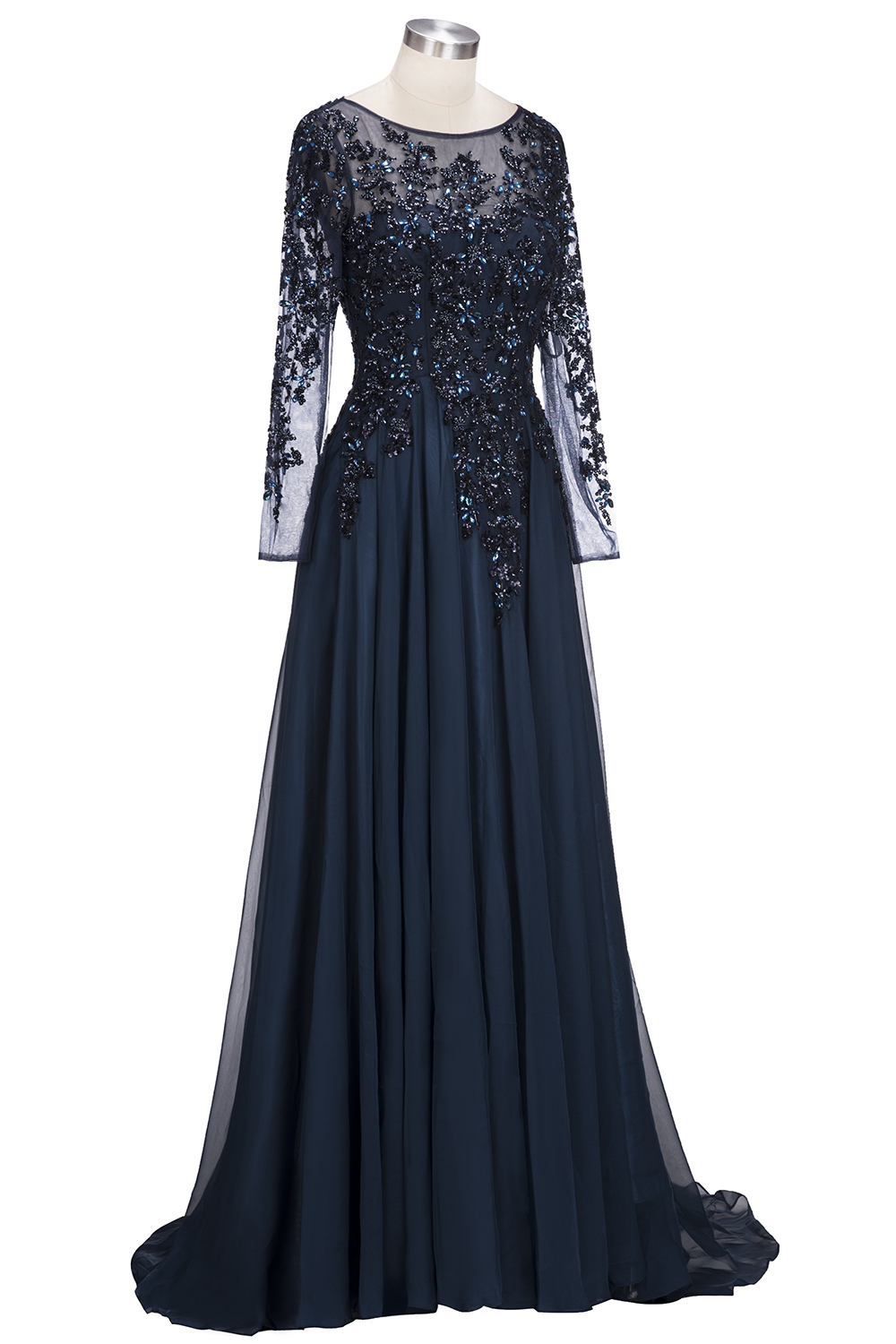 Dark Navy A-line Floor Length Long Sleeve Beads Appliques Elegant Evening Dresses-newarrivaldress