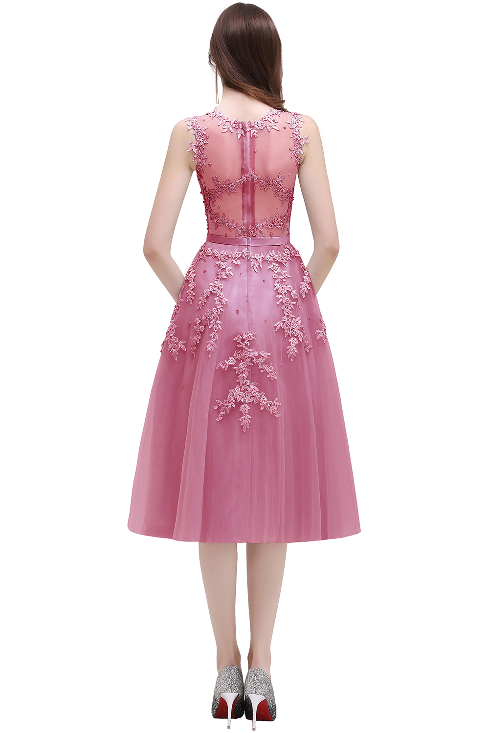 Tea-Length A-line Lace Appliques Beaded Party Dresses Sleeveless Short Homecoming Dresses-newarrivaldress