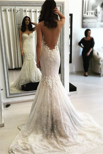 Beautiful Lace Open Back Mermaid Sweep Train Sweetheart Wedding Dresses-newarrivaldress