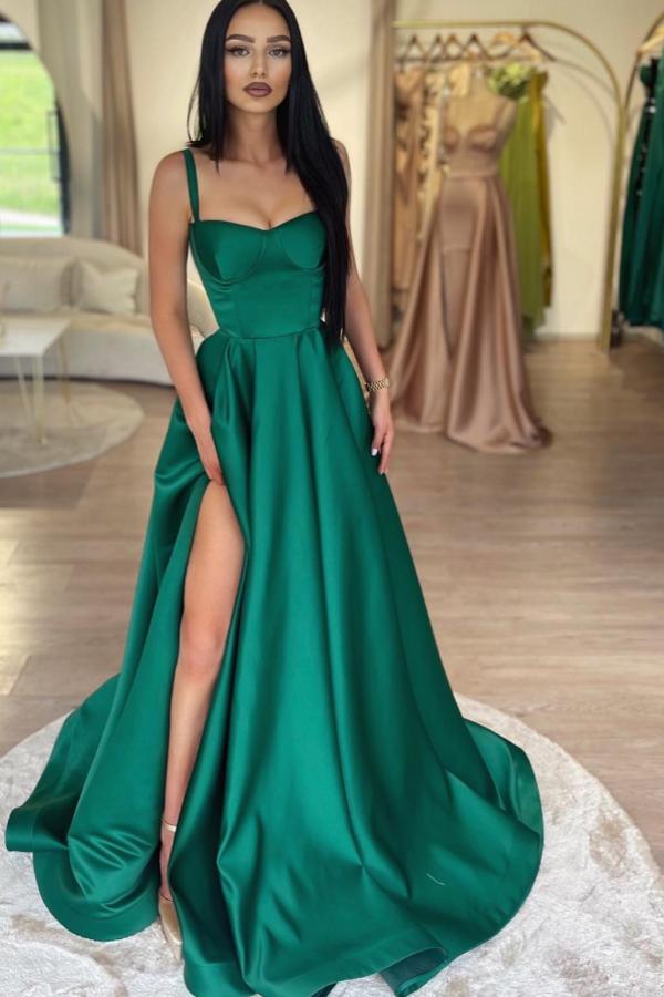 Simple Spaghetti Straps Sweetheart Side Slit Evening Dress Dark Green Formal Dress-newarrivaldress