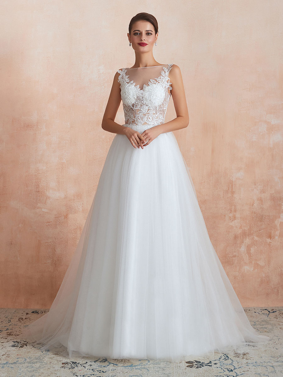 Wedding Dress 2021 A Line Sleeveless Lace Floor Length Tulle Bridal Gowns With Train-newarrivaldress