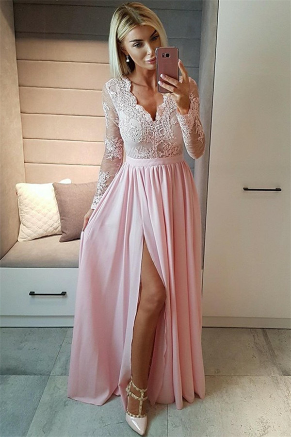 Sexy Slit Long Sleeve Formal Dress Online | Black Lace V-neck Prom Dresses FB0191-newarrivaldress