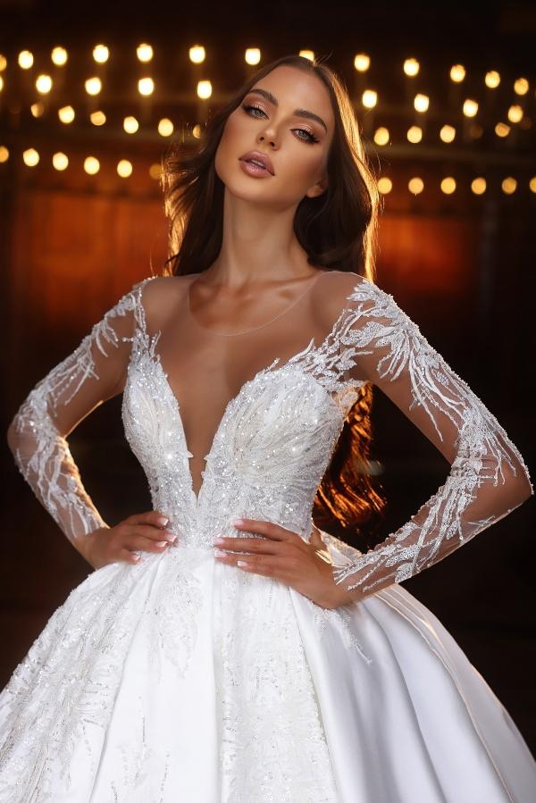 Gorgeous Aline Wedding Dresses with Sleeves Floral Lace Glitter Bridal Dress with Appliques-newarrivaldress