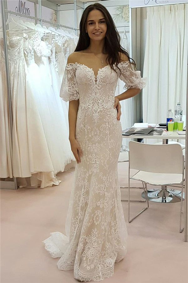 Tulle Lace Strapless Sweetheart Short Sleeve Wedding Dresses-newarrivaldress