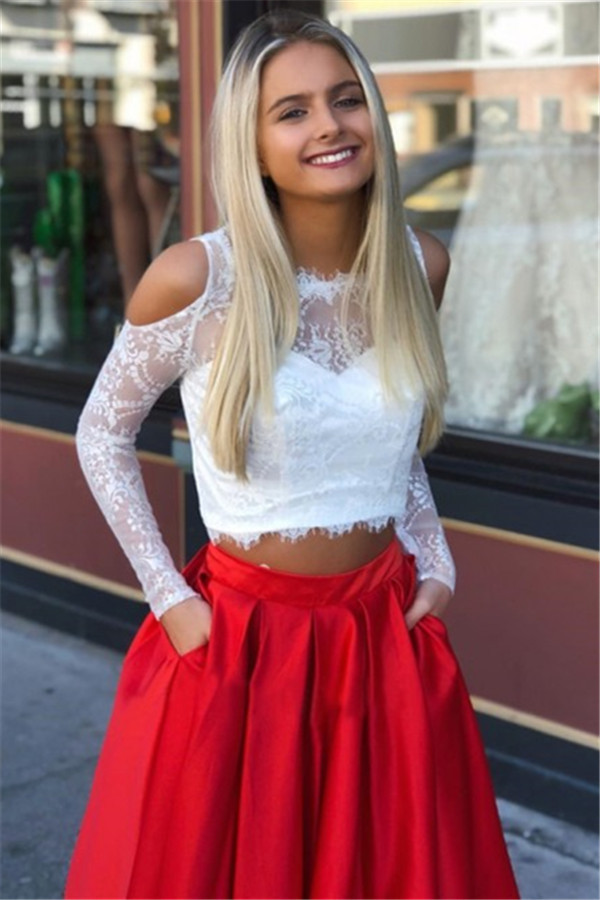 Elegant Lace Long-Sleeves A-Line Two-Pieces Prom Dresses-newarrivaldress