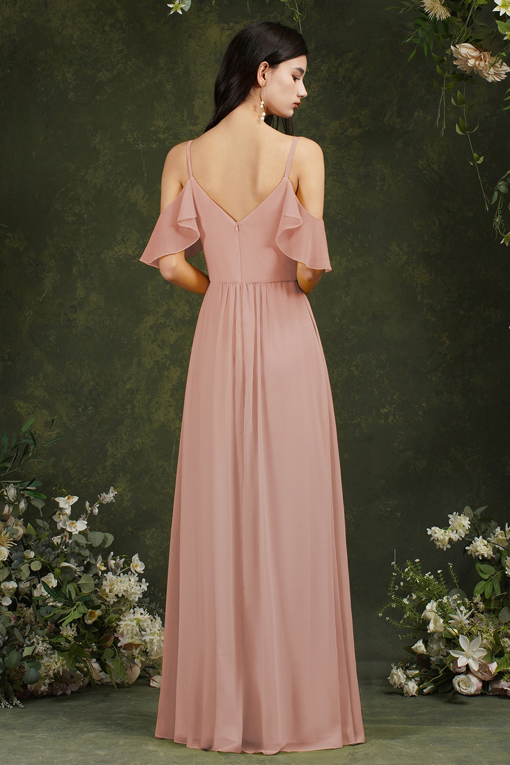 Ruffles Spaghetti Straps Chiffon Bridesmaid Dress Aline Wedding Guest Dress with Pockets-newarrivaldress