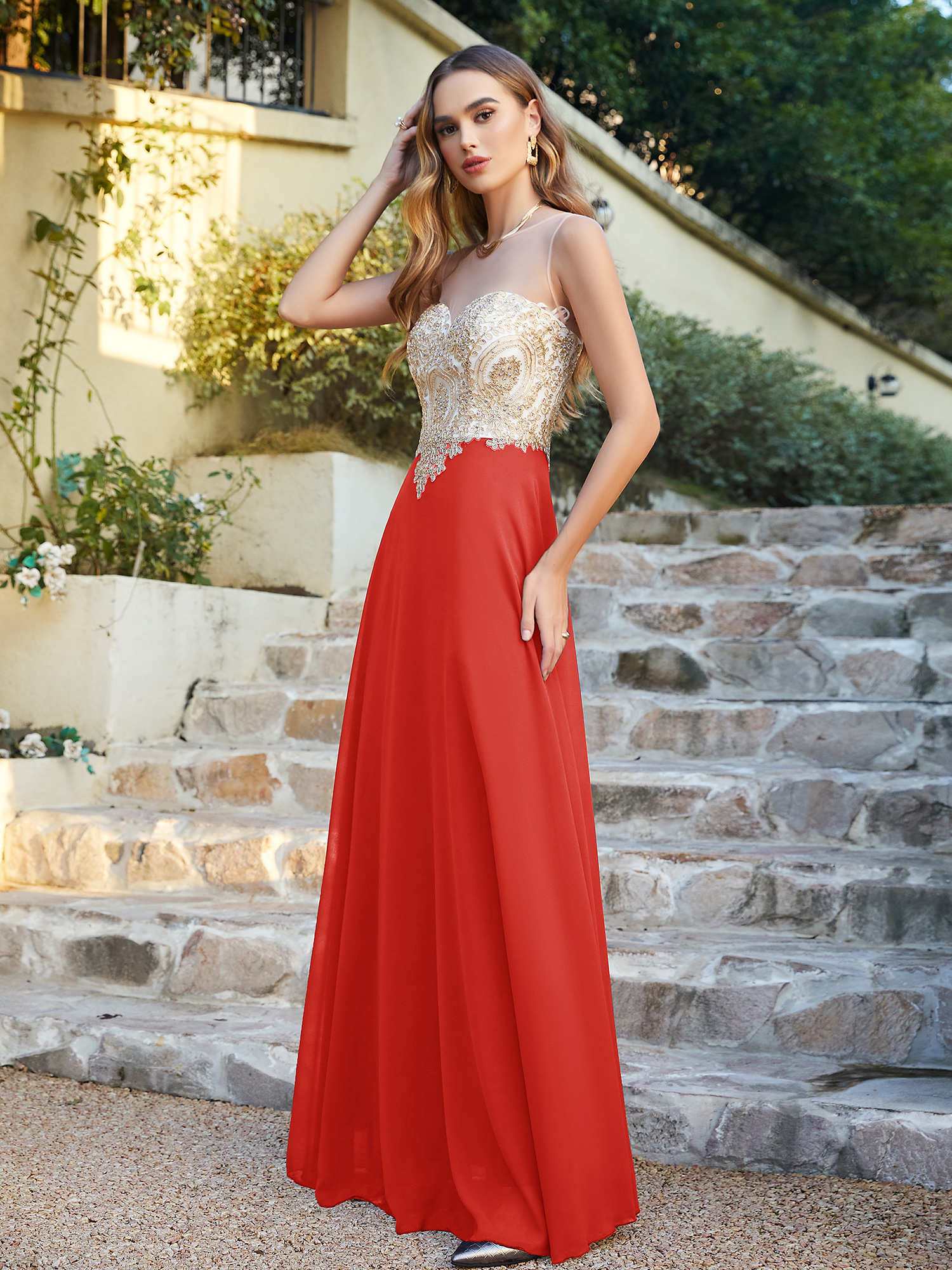 Elegant Sleeveless Chiffon Aline Evening Dress Lace Appliques Formal Dress-newarrivaldress