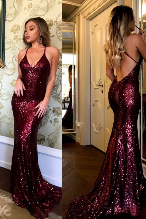 Sexy Sequined Mermaid Spaghetti Strap Sleeveless Prom Dress BA7290-newarrivaldress