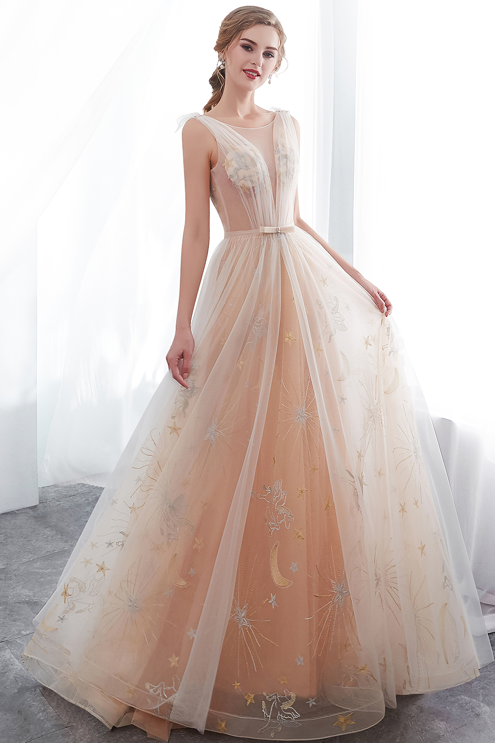 NANETTE | A-line Sleeveless Long Tulle Appliques Champangne Evening Dresses with Sash-newarrivaldress