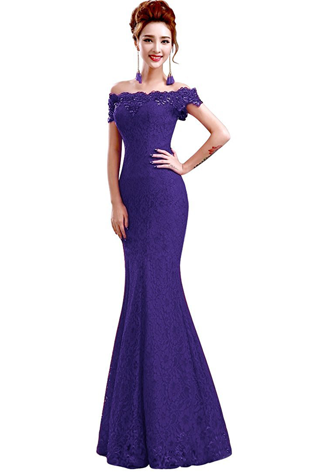 Crystal Beaded Red Mermaid Evening Dresses Off the Shoulder Prom Party Dress