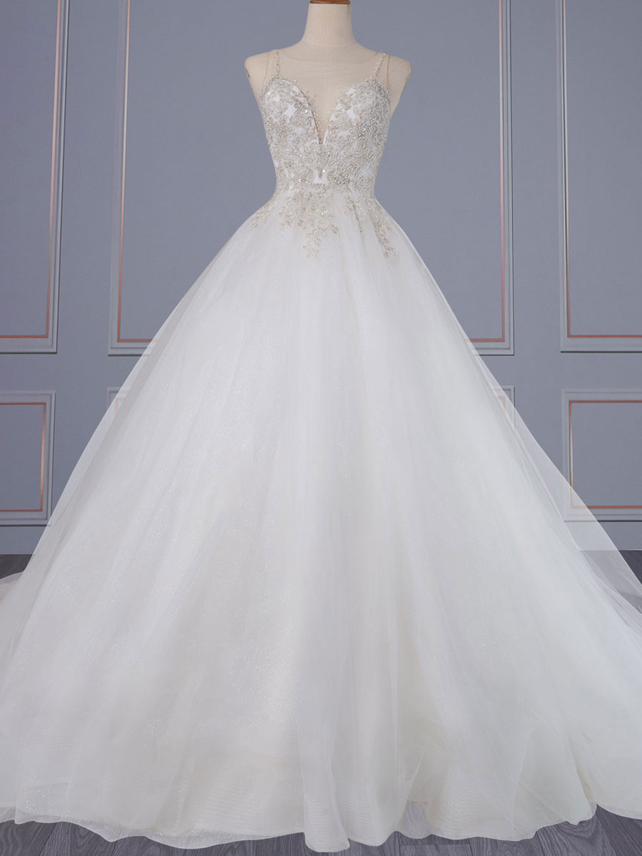 Ivory Simple Wedding Dress A-Line V-Neck Sleeveless Backless Long Lace Bridal Dresses-newarrivaldress