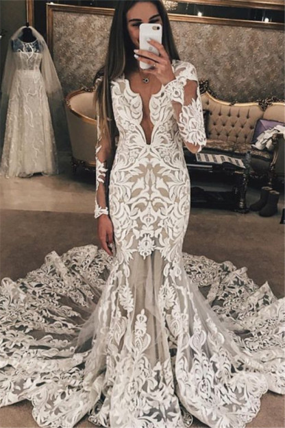 Long Sleeve Unique Lace Wedding Dresses | Mermaid Lace Long Train Bridal Gowns-newarrivaldress