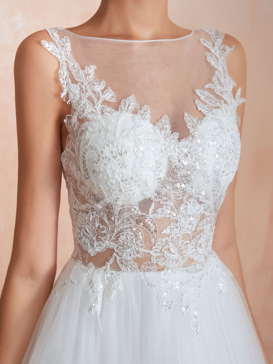 Wedding Dress 2021 A Line Sleeveless Lace Floor Length Tulle Bridal Gowns With Train-newarrivaldress