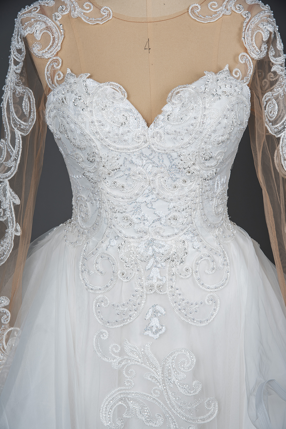 Long Sleeves Floral Lace Aline Wedding Dress Puffy Layers Bridal Dress with Sweep train-newarrivaldress