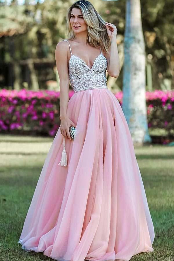 Pink Spaghetti-Straps Appliques Backless A-Line Prom Dresses-newarrivaldress