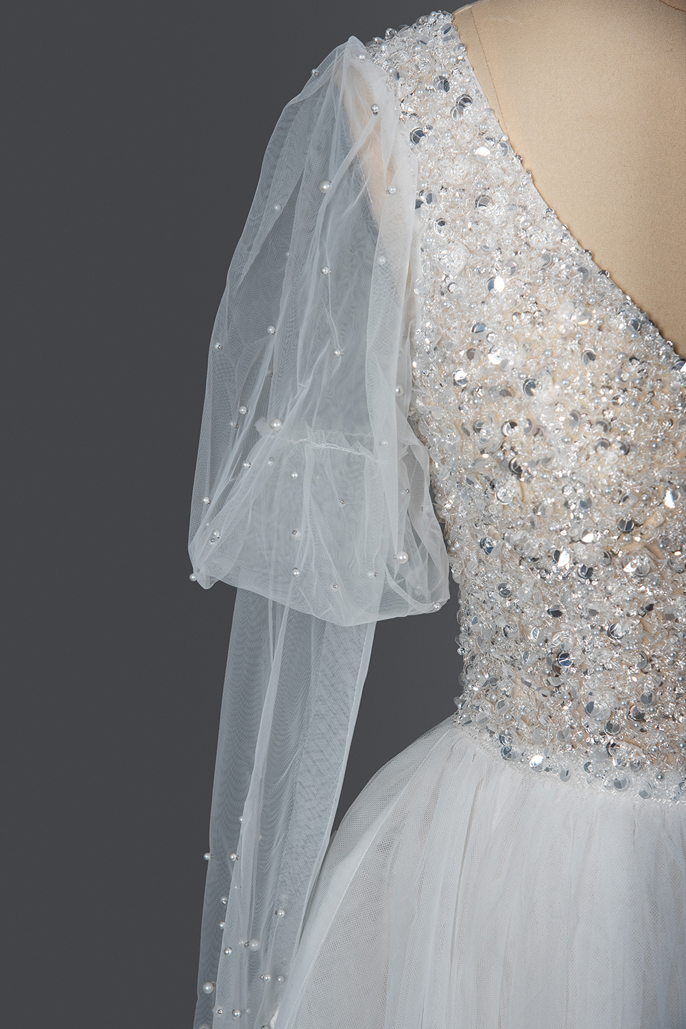 Gorgeous V-Neck Shinny Sequins Aline Wedding Gown Sheer Sleeves Spring Bridal Gown-newarrivaldress