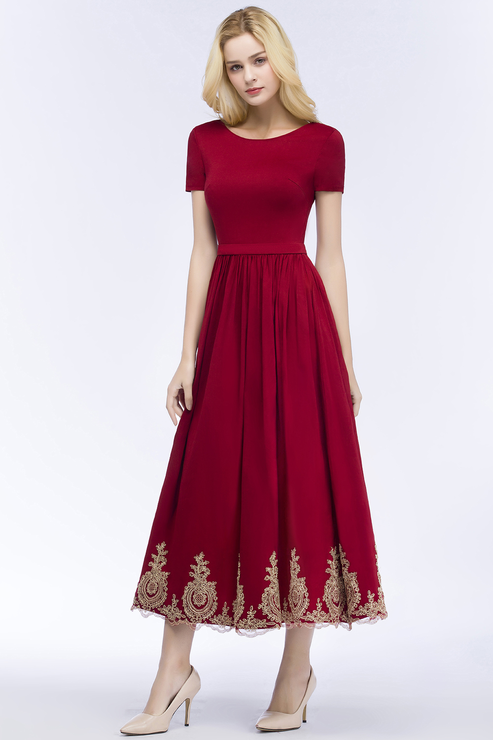 ROSEANNA | A-line Short Sleeves Ankle Length Appliques Prom Dresses with Sash-newarrivaldress