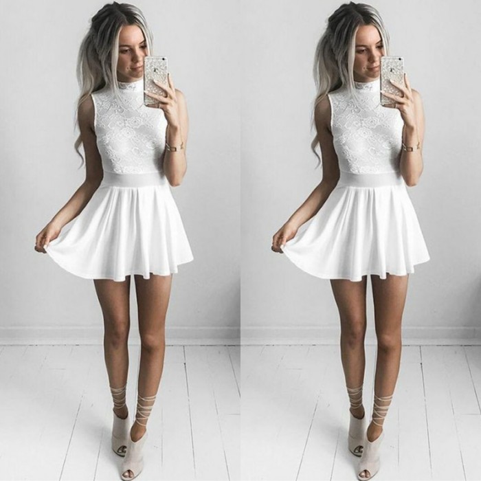 White Lace Short Prom Dress |Sleeveless Mini Homecoming Dress-newarrivaldress
