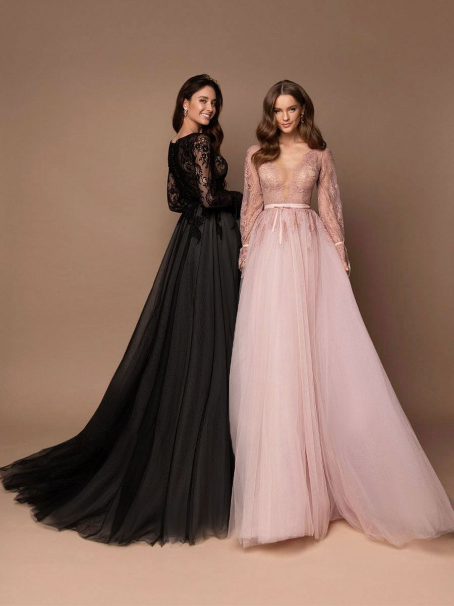 Black Wedding Dress With Train A-Line V-Neck Long Sleeves Lace Sweep Tulle Lace Bridal Gowns-newarrivaldress