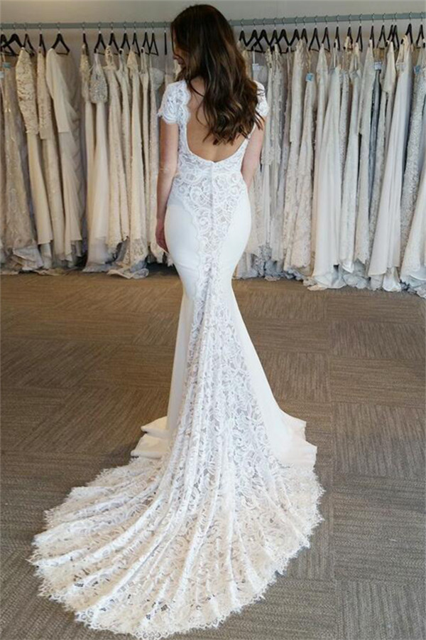Court Train Lace Appliques V-Neck Elegant Cap Sleeves Mermaid Wedding Dresses Online-newarrivaldress