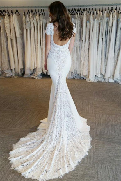 Court Train Lace Appliques V-Neck Elegant Cap Sleeves Mermaid Wedding Dresses Online-newarrivaldress