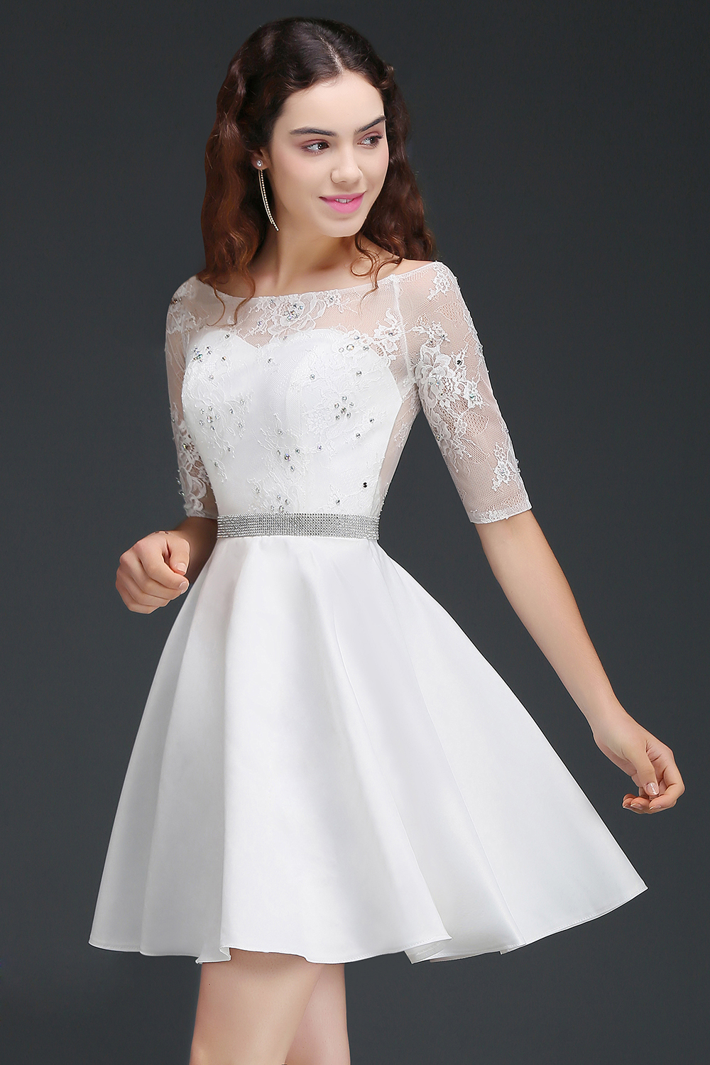 ALICIA | A Line Jewel White Short Sleeve Satin Homecoming Dresses With Lace-newarrivaldress