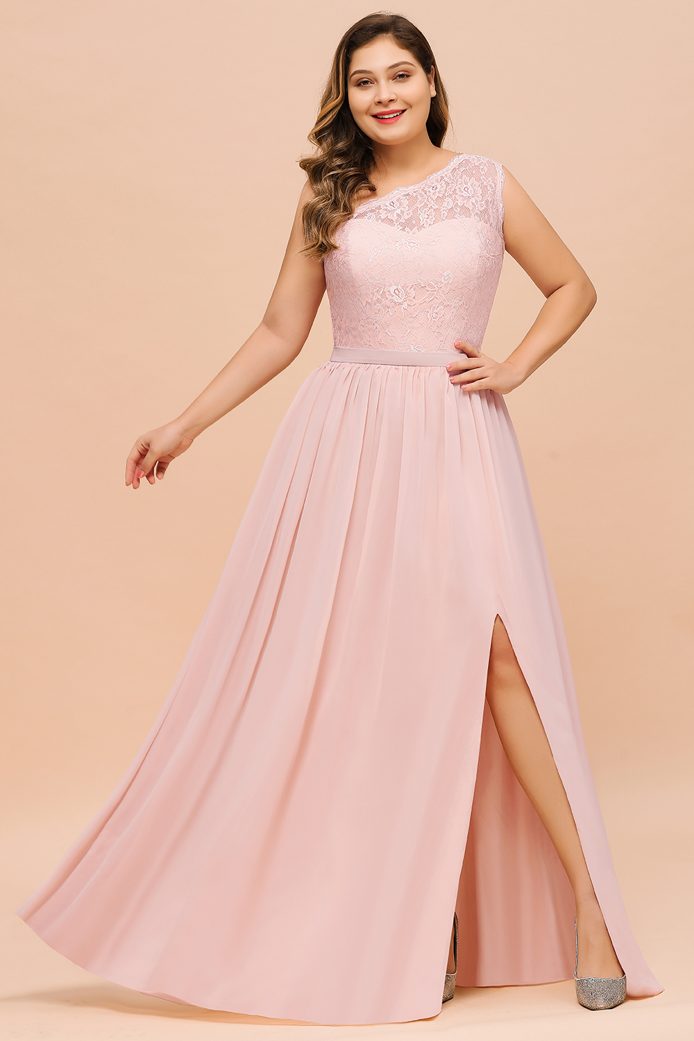 Plus Size One Shoulder Lace Chiffon Bridesmaid Dress Pink Long Wedding Guest Dress-newarrivaldress