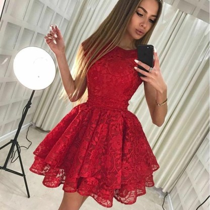 Cute Red Lace Jewel Ruffled Homecoming Dress | Short Party Gown-newarrivaldress
