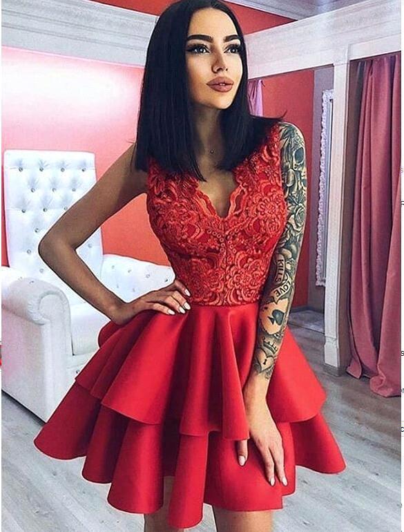 Modern Lace V-neck Red Ruffles Homecoming Dress | Short Party Gown-newarrivaldress